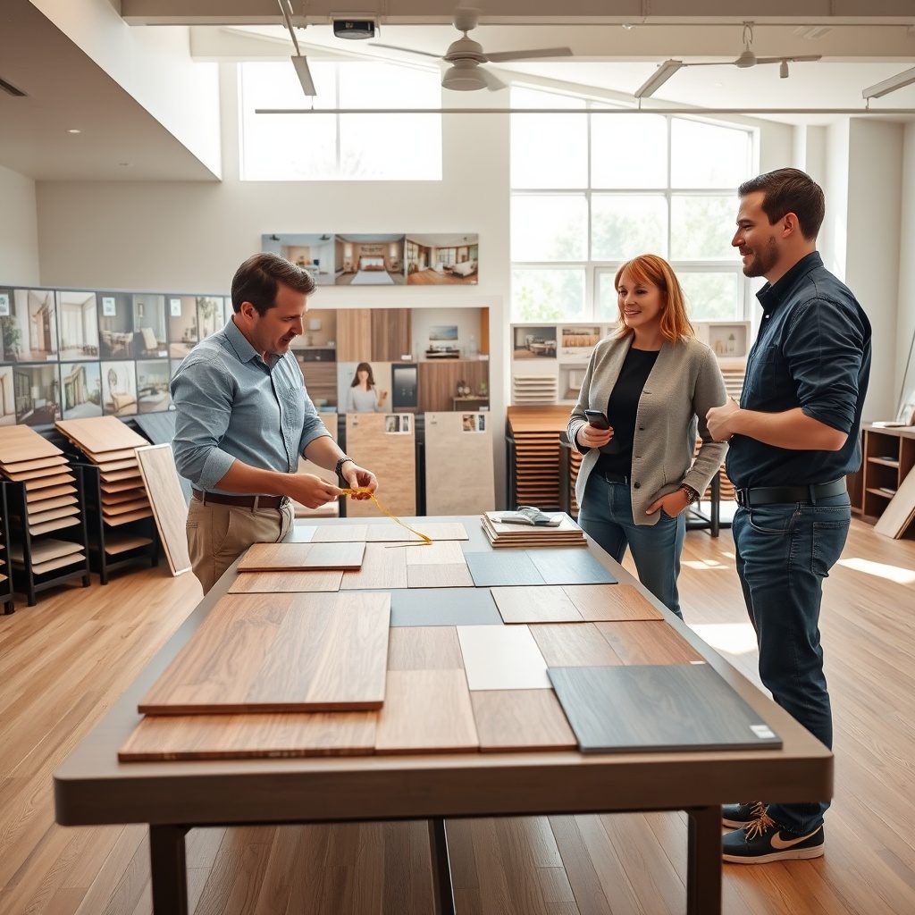Flooring installation workshop showcasing material samples